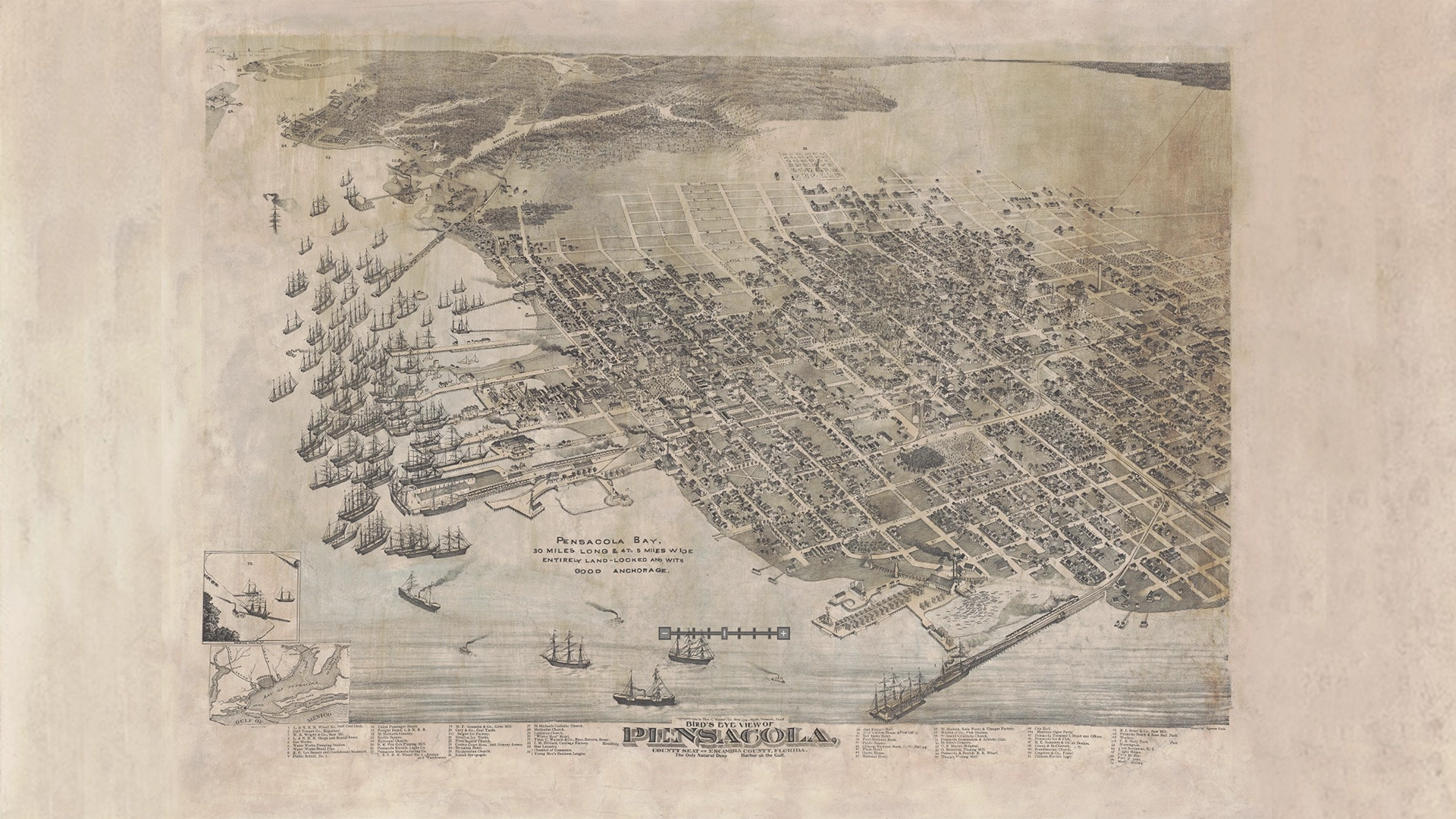 Tampa Bay History Center, Touchton Map Library Collection, Bird's Eye view of Pensacola, County Seat of Escambia County, Florida. The Only Natural Deep Harbor on the Gulf, 1896, Author: Augustus Koch