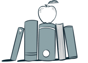 Illustration of books with apple.