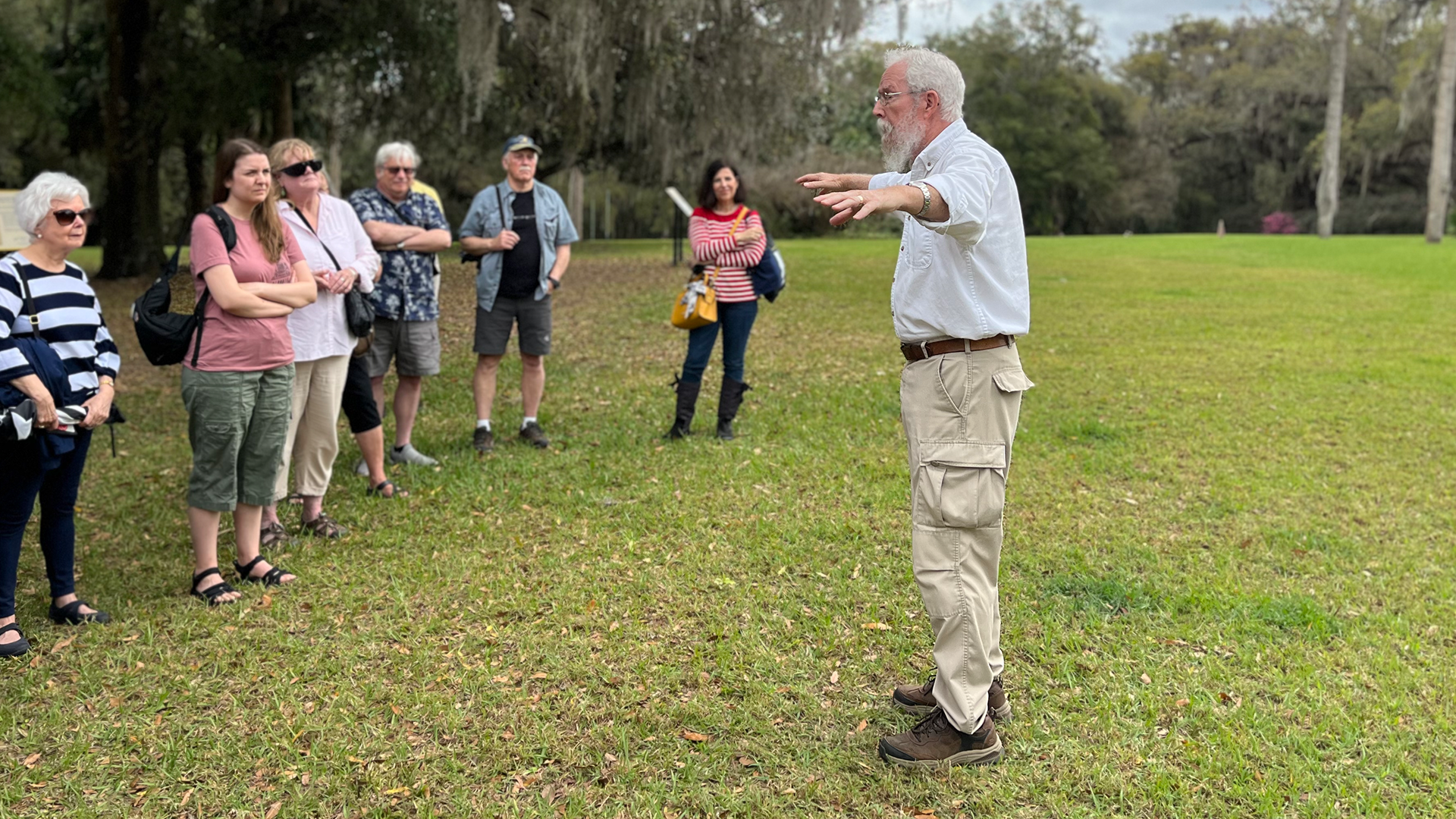 Gary Ellis, Director at Gulf Archaeology Research Institute, leads a talk at Chinsegut Hill Historic Site near Brooksville, Florida.