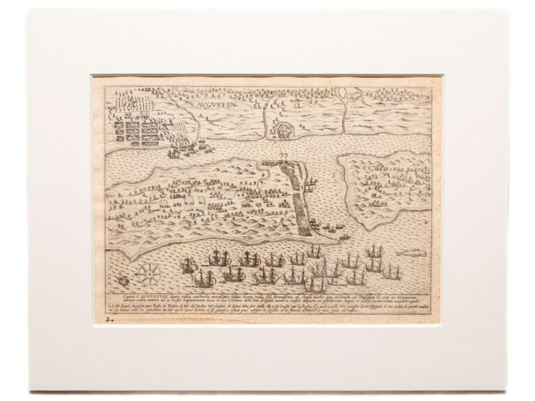 This 1588 engraving of Sir Francis Drake’s 1556 raid of St. Augustine is the first known illustration of a location in present-day America. Fort Mose was created to defend St. Augustine against future English raids.