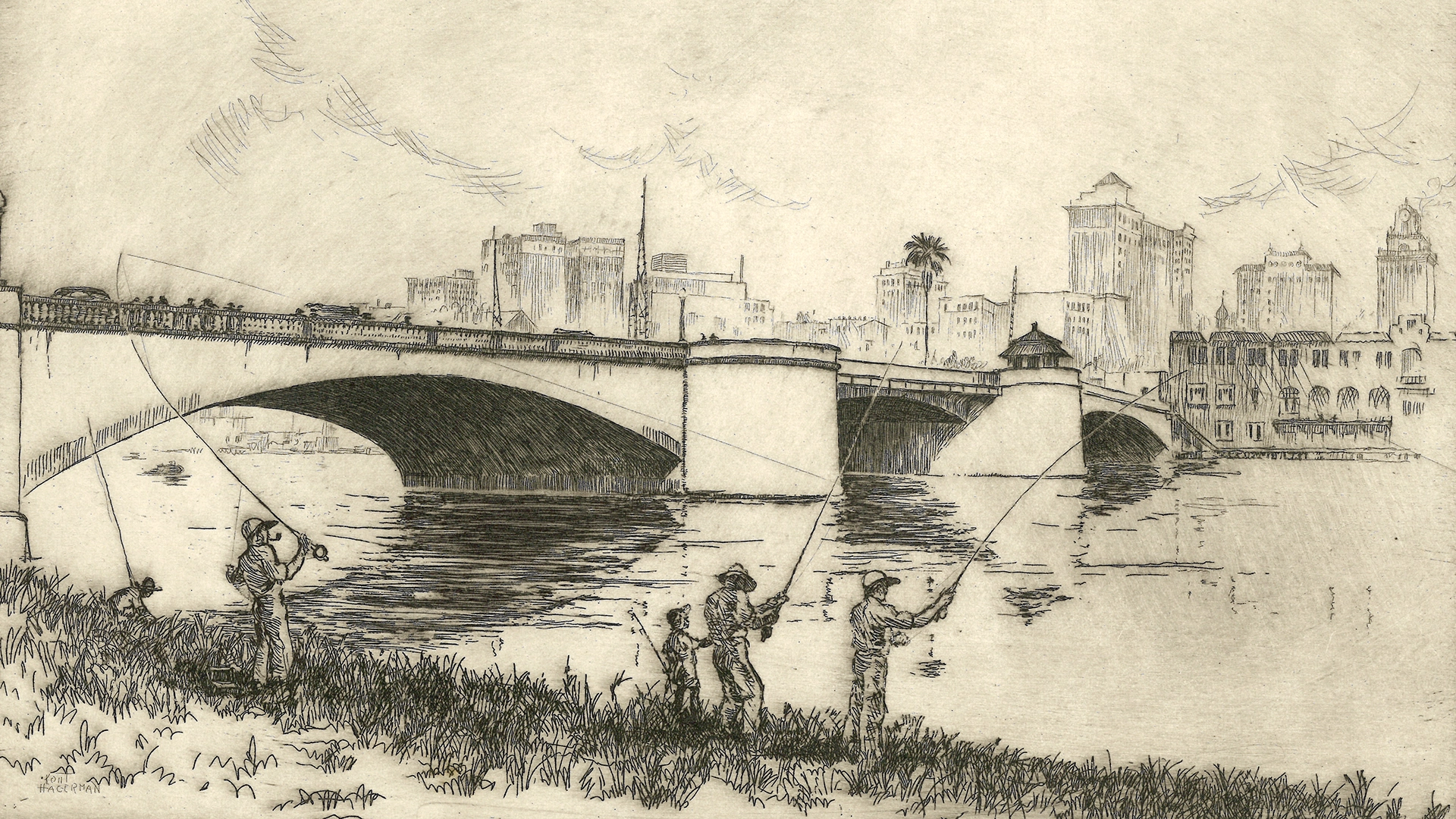 Etching of people fishing along the riverbank near the Lafayette Street Bridge with Tampa skyline in the background