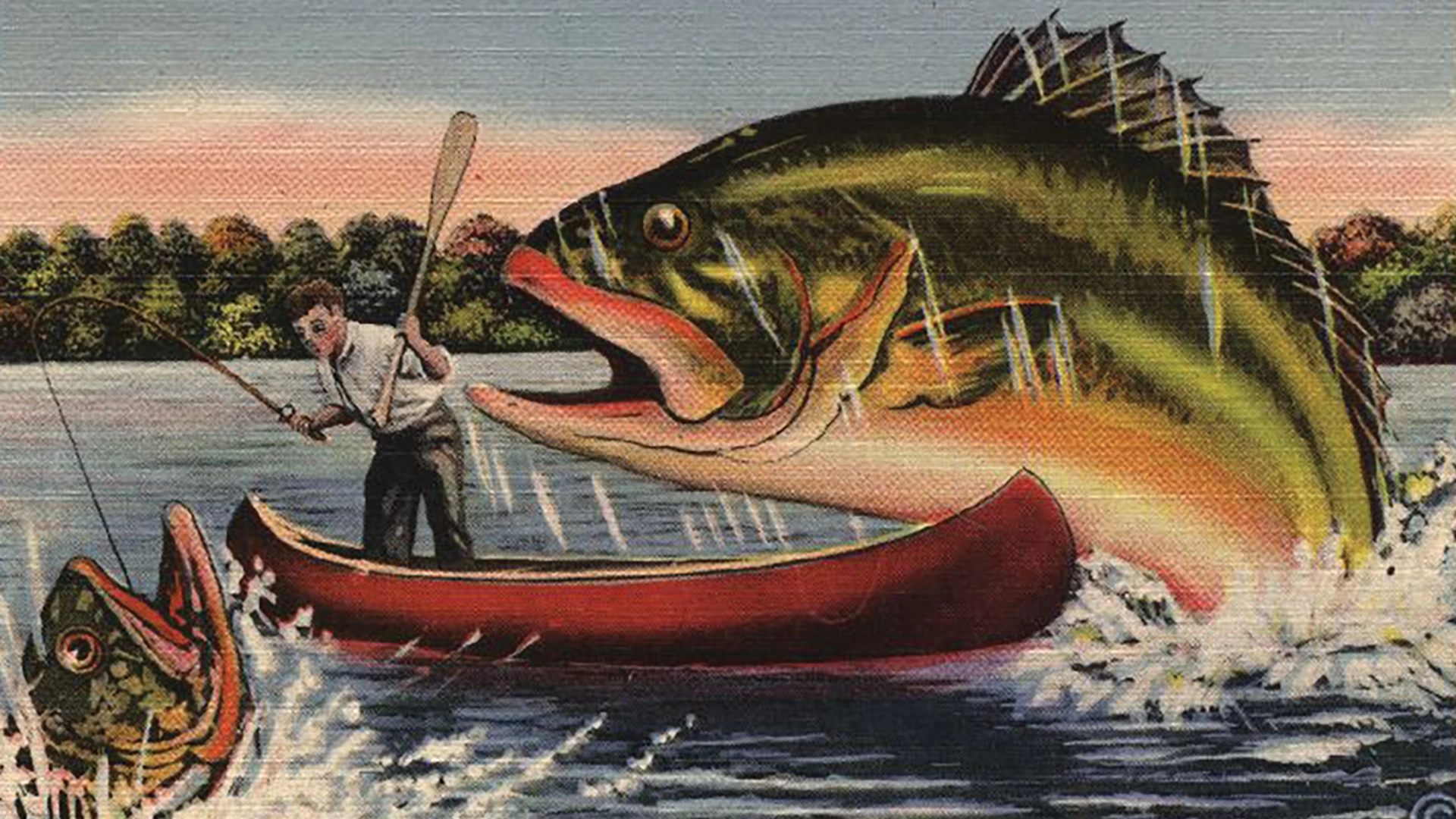 Man in red canoe grapples with oversized fish in vintage 1944 postcard captioned The Fishing is Great Here