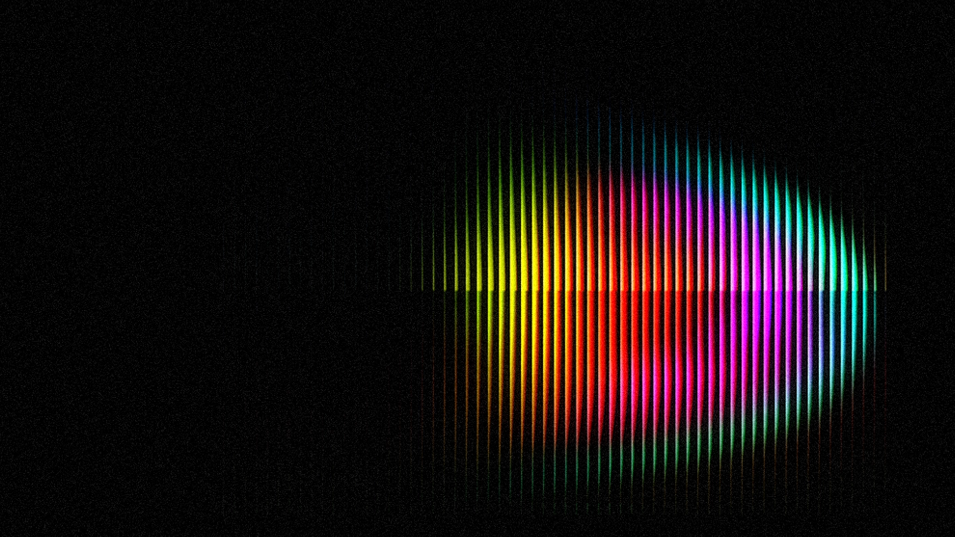 Abstract background with vertical rainbow colored lines forming an oval shape on the right side against a black field.