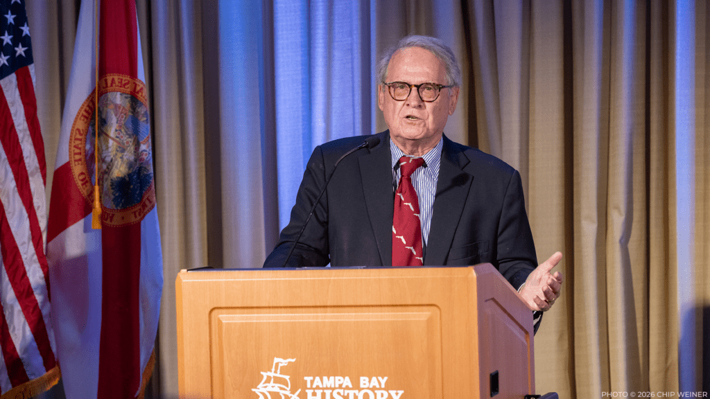 Historian Gary Mormino speaks during the 17th Annual Frank E. Duckwall Lecture at the Tampa Bay History Center in Tampa, Fla., April 22, 2026. The lecture marked the 140th anniversary of the first cigar rolled in Ybor City. (Chip Weiner/Tampa Bay History Center)