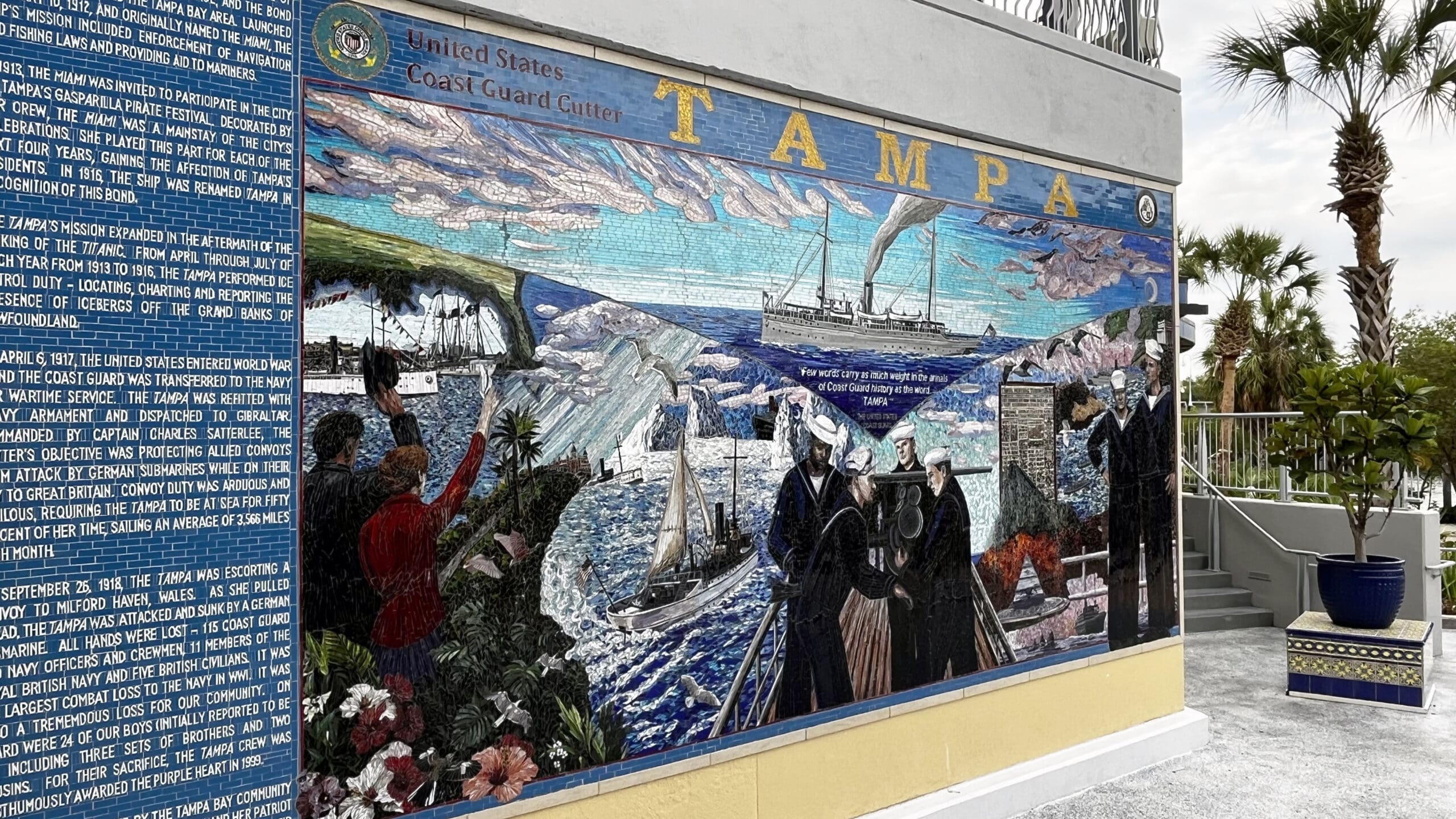 U.S. Coast Guard Cutter Tampa mosaic mural on an exterior wall outside the Tampa Bay History Center.