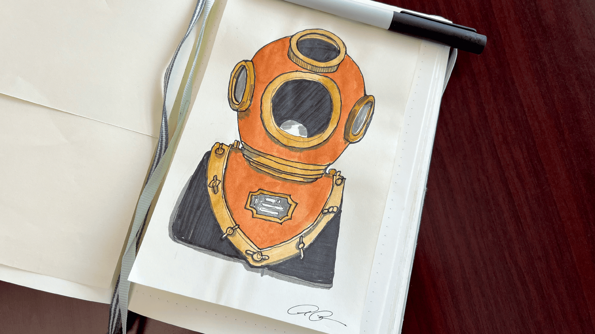 Illustration of a diver's helmet and breastplate, ca. 1986-87, on exhibit in Cinema and the Sunshine State.