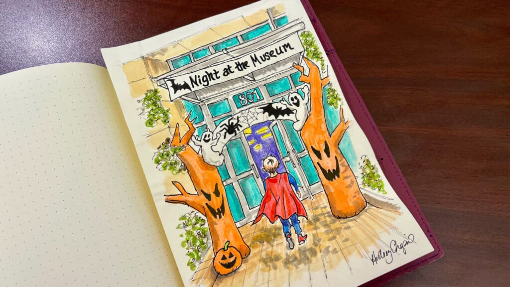 Watercolor illustration by Audrey Chapuis depicting a child in a red cape approaching the Tampa Bay History Center, decorated for Halloween with ghosts, bats, spiders, pumpkins and orange trees.
