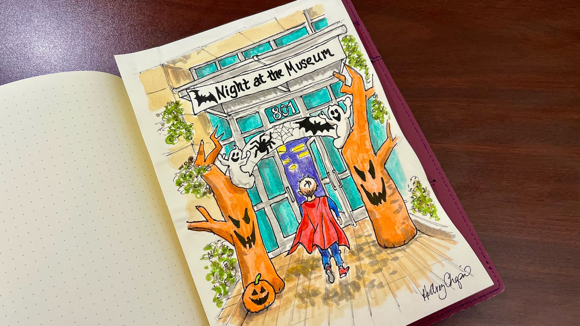 Watercolor illustration by Audrey Chapuis depicting a child in a red cape approaching the Tampa Bay History Center, decorated for Halloween with ghosts, bats, spiders, pumpkins and orange trees.